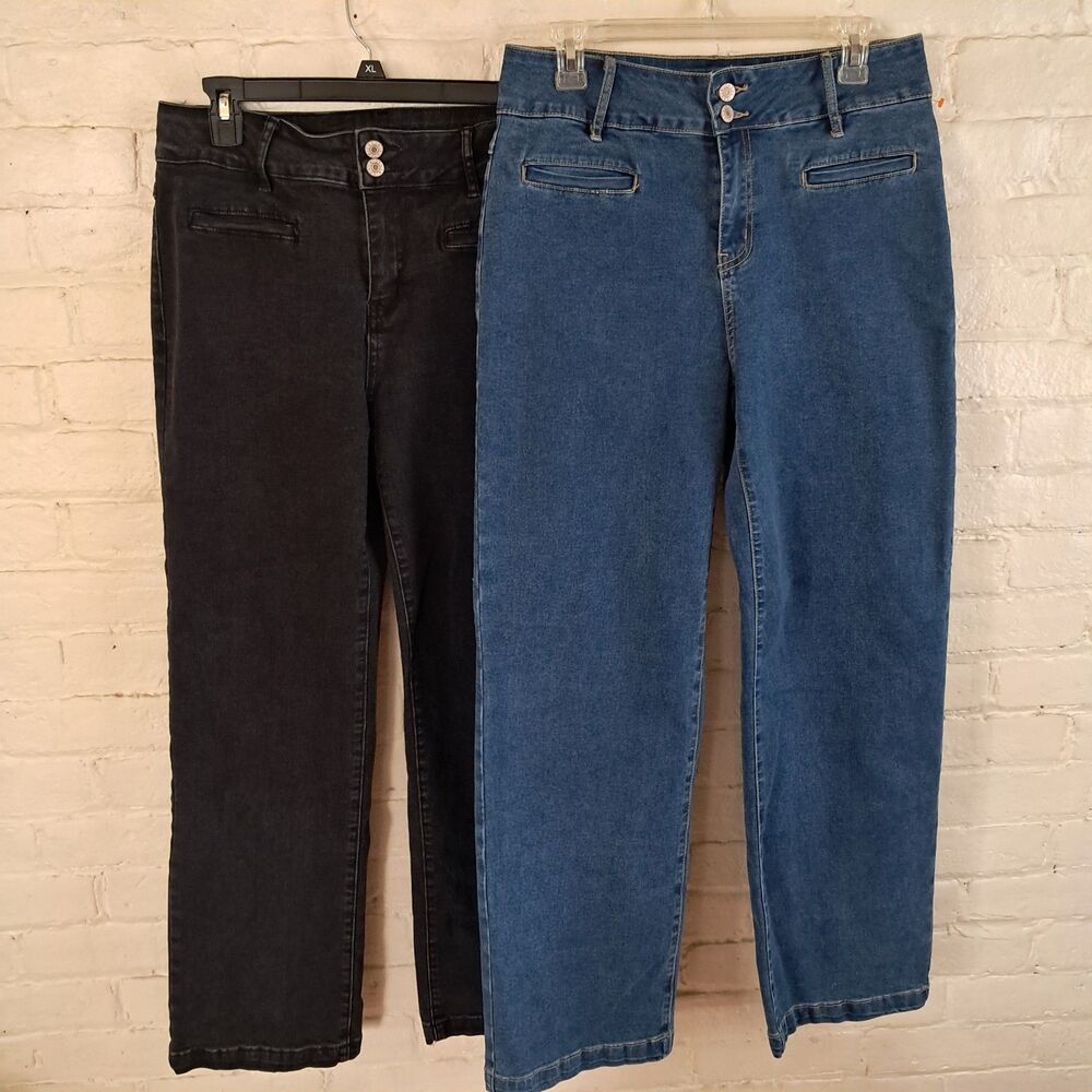 Sidefeel Jeans Women's 12 Wide Leg Stretch Denim Lot Of 2 Blue Black Pants